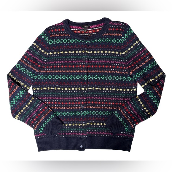 Talbots Fair Isle Navy stripe Lambswool Sequin Cardigan Sweater Cottagecore SZ L - Picture 3 of 5